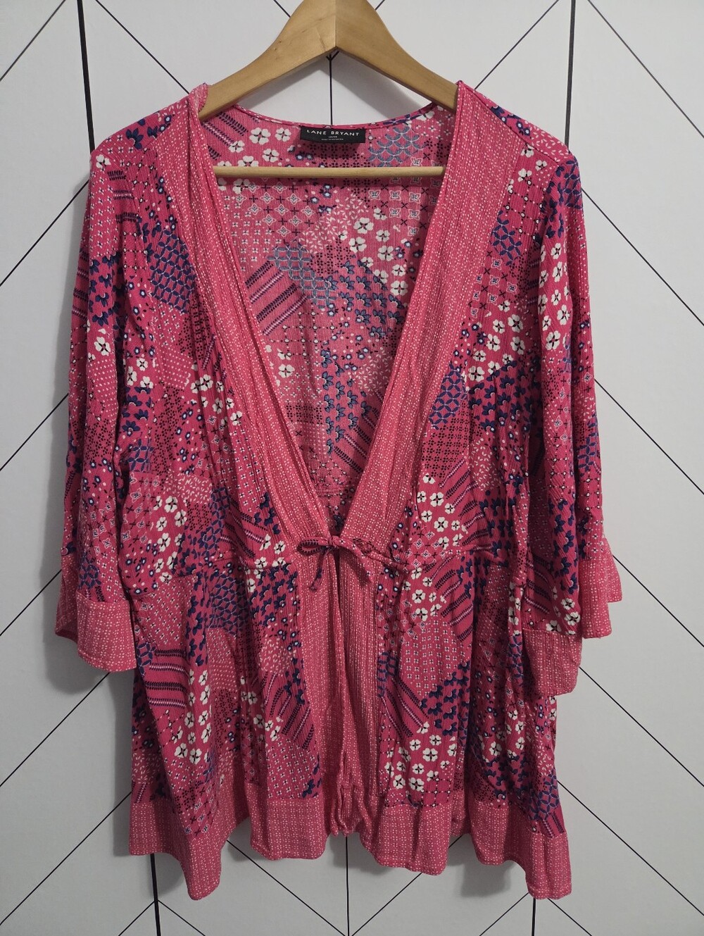Lane Bryant Pink Patchwork Boho Tie Front Cardigan Kimono, Plus 18 / 20